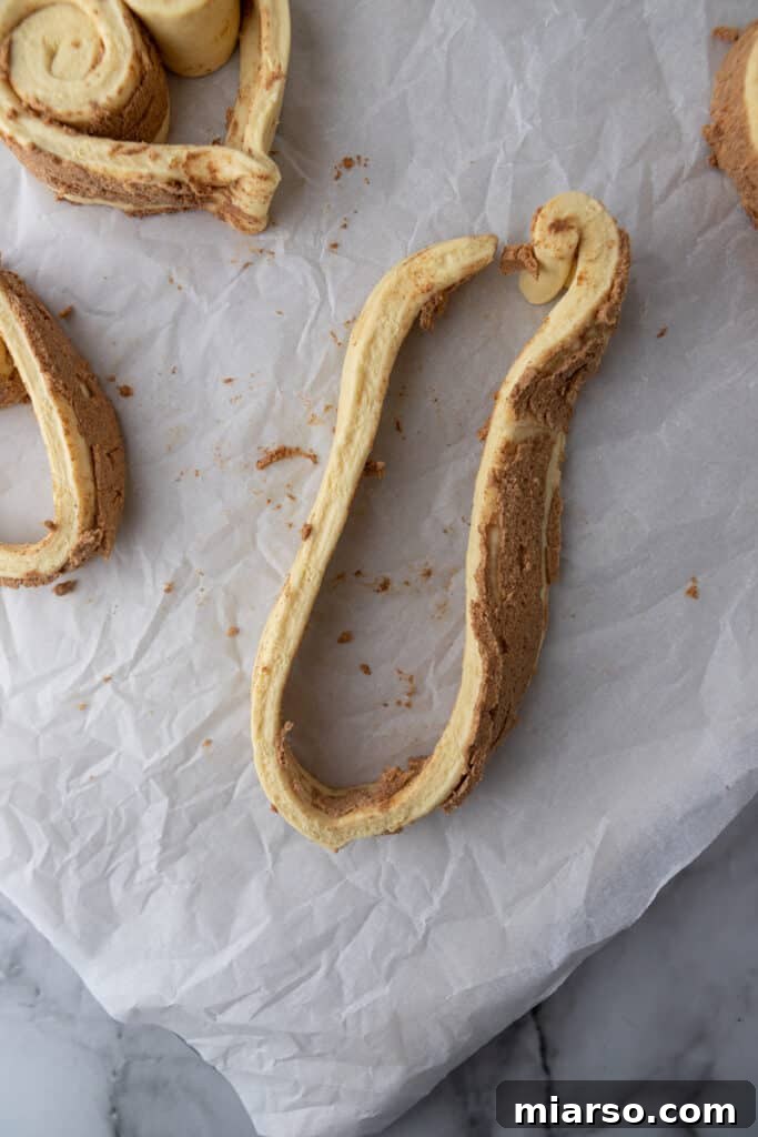 Valentines Sweetheart Cinnamon Buns Made Easy 5 A long strip of refrigerated cinnamon roll dough, carefully unrolled and laid flat, ready for shaping.