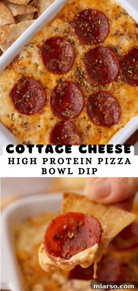 Pinterest pin for the high-protein cottage cheese pizza bowl dip recipe, showing a delicious serving.