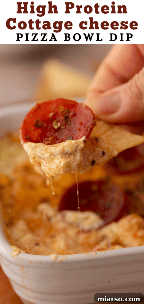 Another Pinterest pin highlighting the cottage cheese pizza bowl dip as a healthy snack alternative.