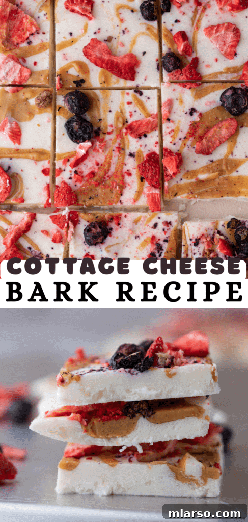 Protein Packed Cottage Cheese Freezer Bark 12 Pinterest pin for the frozen cottage cheese bark recipe, featuring a close-up of the finished bark.