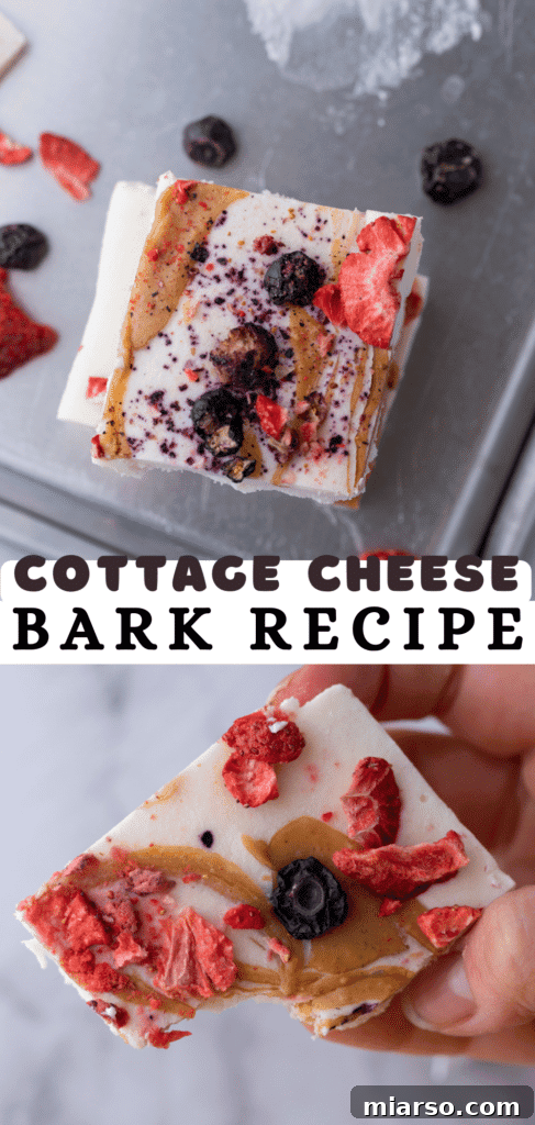 Protein Packed Cottage Cheese Freezer Bark 14 A third Pinterest pin showcasing the ingredients and final presentation of the frozen cottage cheese bark.