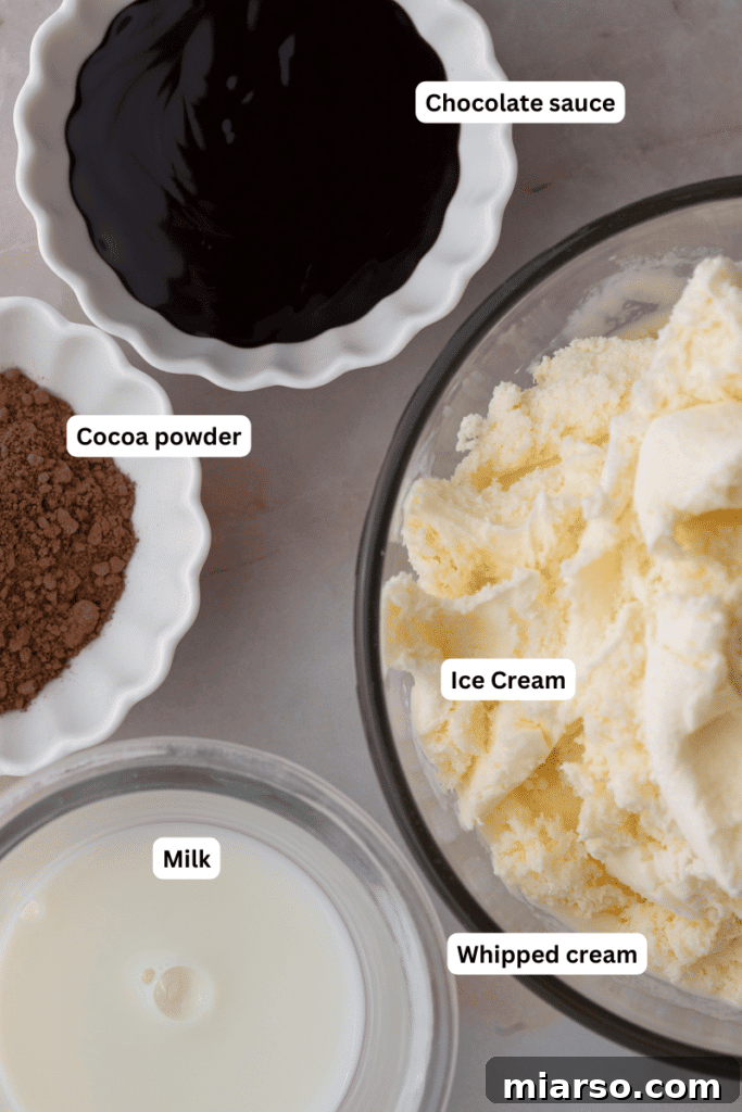 Arrangement of chocolate milkshake ingredients including vanilla ice cream, milk, chocolate syrup, and cocoa powder.