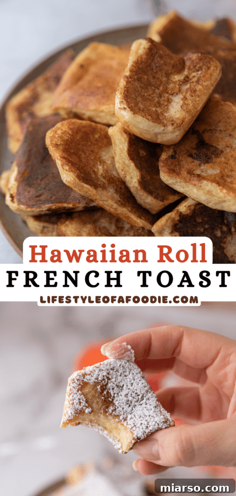 Another Pinterest pin featuring a stack of Hawaiian roll French toast with fresh fruit, ideal for sharing.