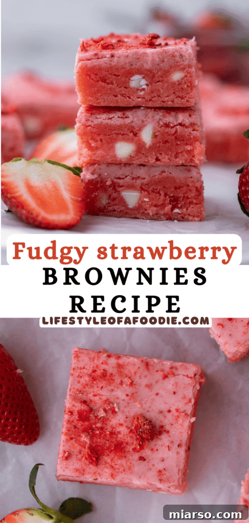 Irresistibly Easy Strawberry Brownies from a Cake Mix 15 Strawberry brownies with a rich pink glaze and scattered freeze-dried strawberries.