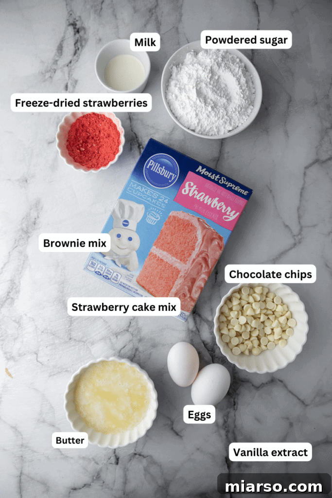 Irresistibly Easy Strawberry Brownies from a Cake Mix 3 A collection of ingredients, including strawberry cake mix, butter, eggs, and white chocolate chips, arranged neatly for making strawberry brownies.