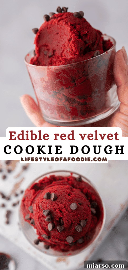 Close-up of red velvet cookie dough, showing its rich texture and chocolate chips.