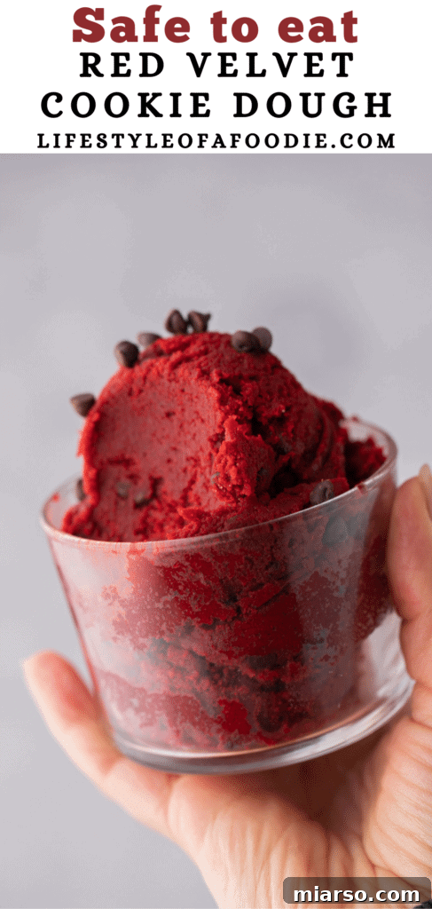 A serving of red velvet cookie dough in a decorative bowl.