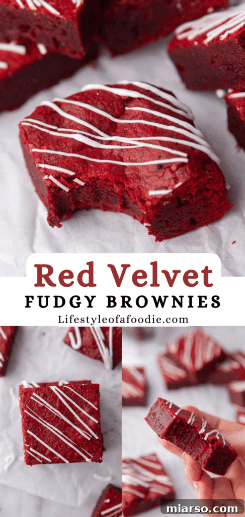 Fudgy Red Velvet brownies, an irresistible dessert recipe to save for later.