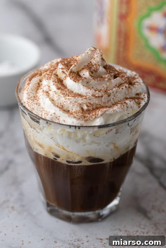 The Ultimate Einspanner Coffee with Velvety Whipped Cream 2 angled shot of einspanner coffee recipe with whipped cream and cocoa dusting