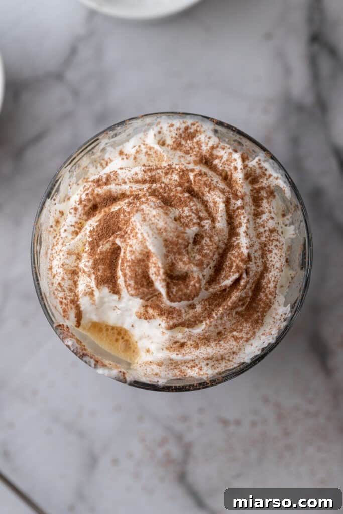 The Ultimate Einspanner Coffee with Velvety Whipped Cream 10 overhead shot of espresso with whipped cream and cocoa powder