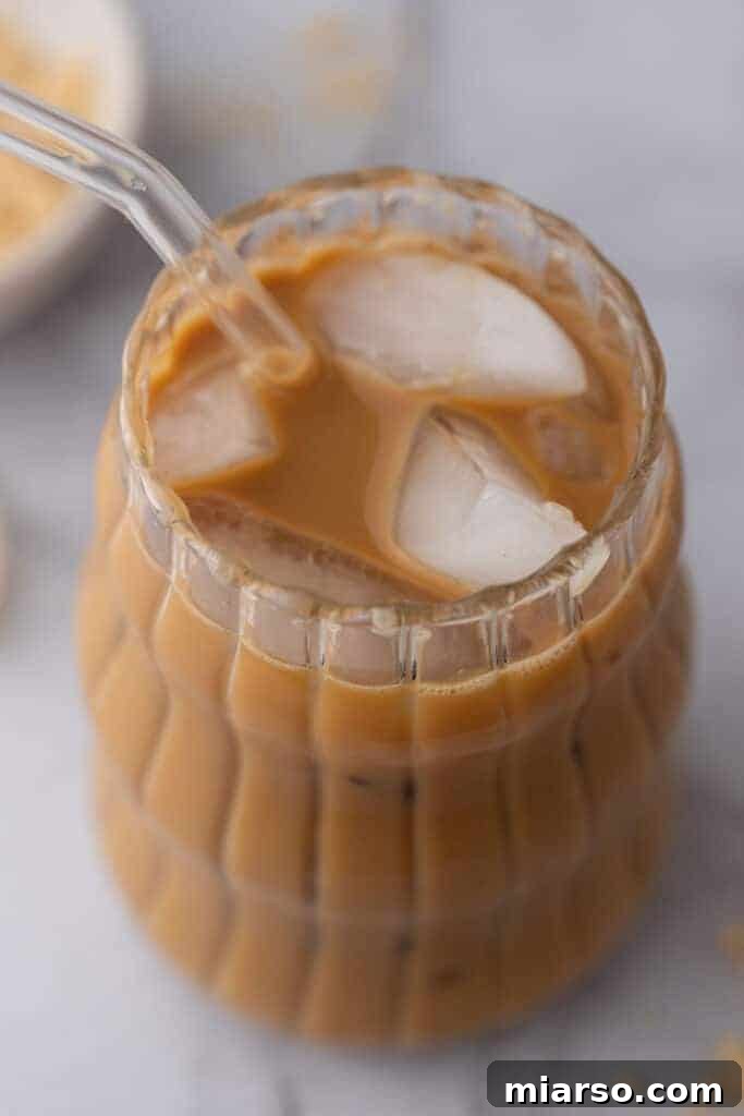 angled overhead shot of the brown sugar iced coffee recipe in a glass