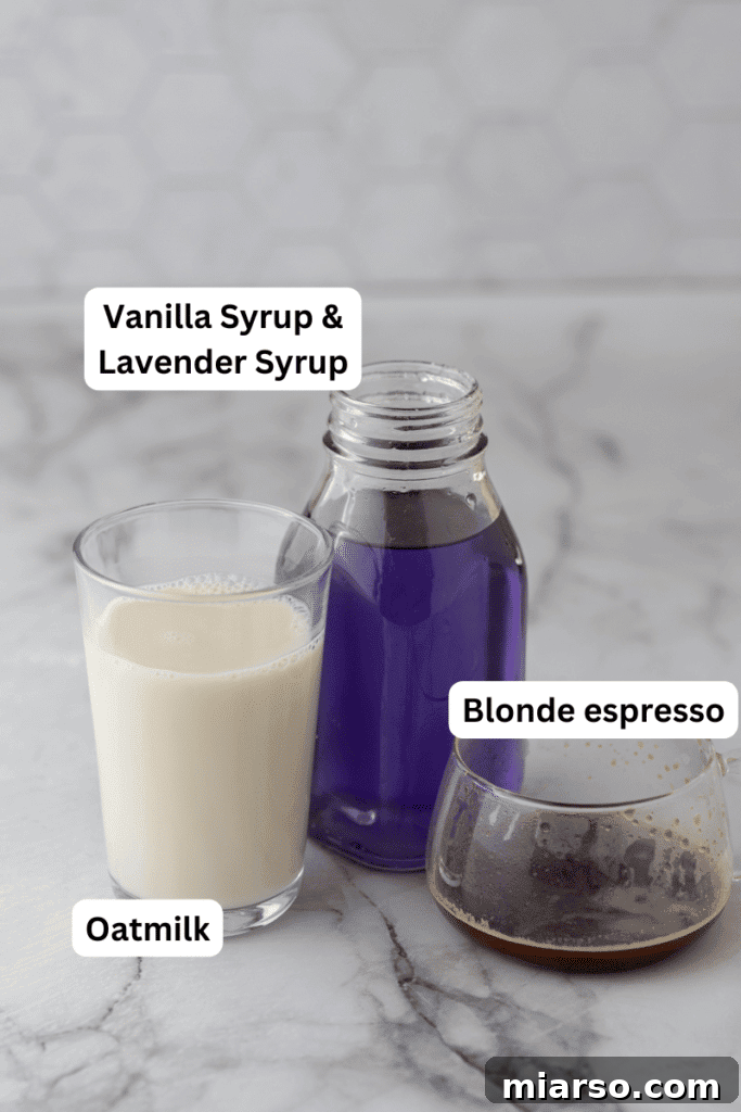 Homemade Starbucks Iced Lavender Oatmilk Latte 3 ingredients on the counter