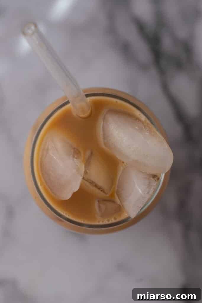 Homemade Starbucks Iced Lavender Oatmilk Latte 7 Overhead shot of latte