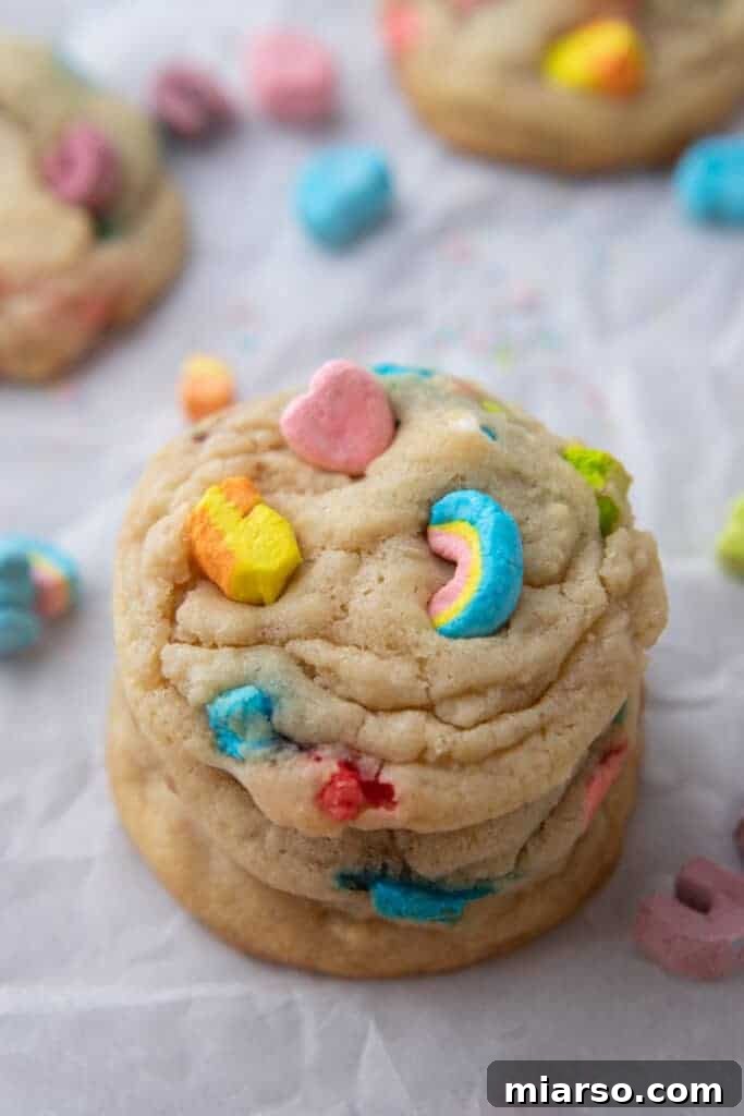 Magical Lucky Charms Cookie Delights 2 Stacked Lucky Charms cookies showcasing their vibrant colors and marshmallow bits