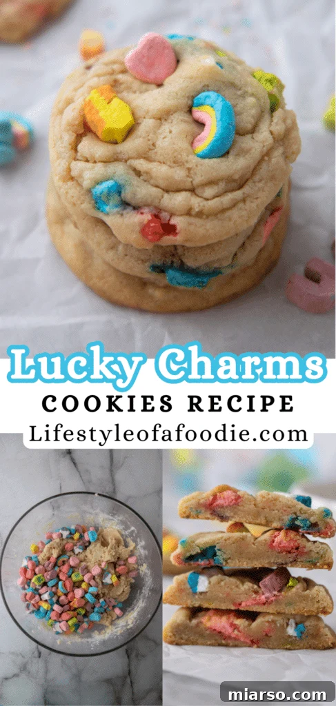 Magical Lucky Charms Cookie Delights 12 Pinterest pin showing a stack of Lucky Charms cookies with a cheerful background