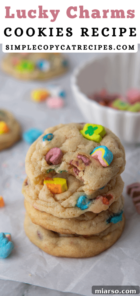 Magical Lucky Charms Cookie Delights 13 Pinterest pin featuring a close-up of a Lucky Charms cookie with bright marshmallows