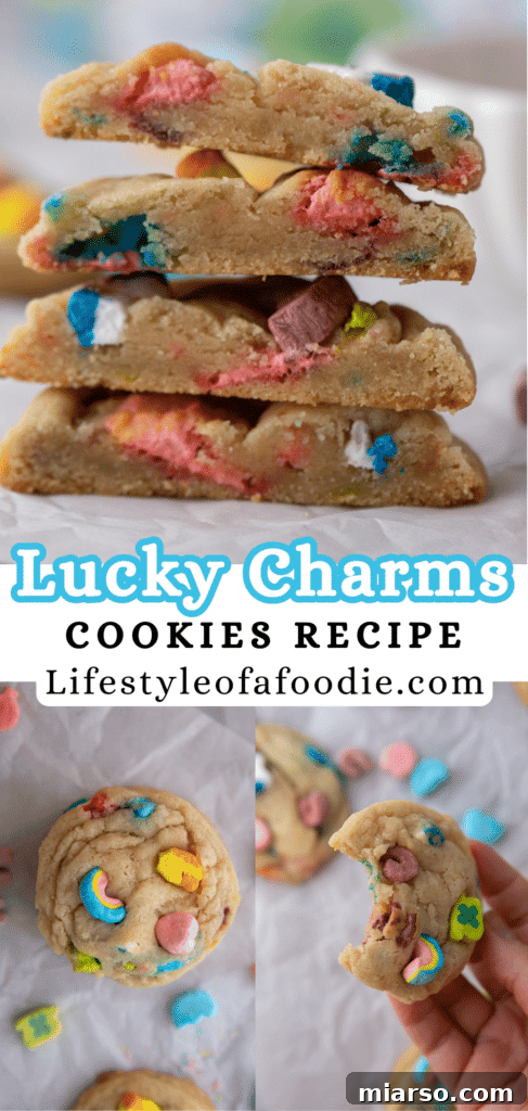 Magical Lucky Charms Cookie Delights 14 Pinterest pin displaying Lucky Charms cookies on a wire rack, ready for sharing