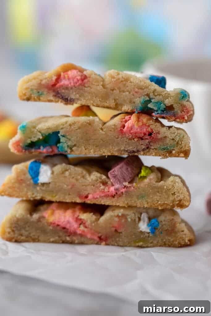 Magical Lucky Charms Cookie Delights 4 Halved Lucky Charms cookies stacked, showing the marshmallow pieces baked into the interior
