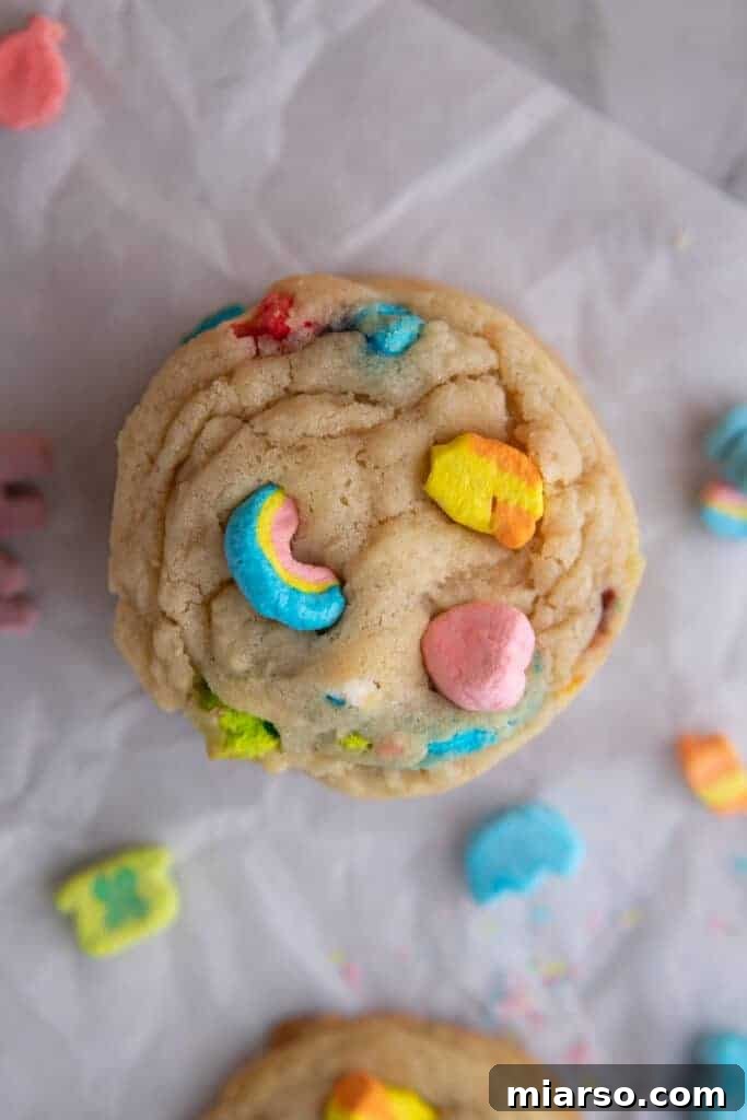 Magical Lucky Charms Cookie Delights 10 Overhead shot of a single baked Lucky Charms cookie with bright marshmallows