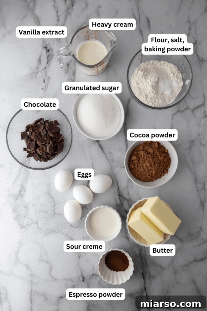 Ultimate Decadent Chocolate Pound Cake Recipe 3 A collection of fresh ingredients laid out, ready for baking the chocolate pound cake recipe.