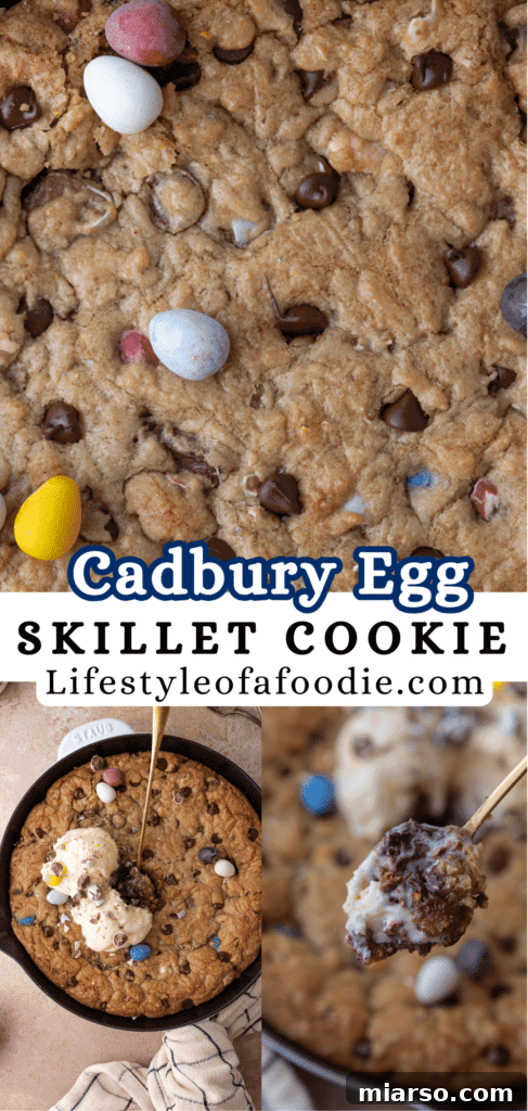 Gooey Giant Cadbury Mini Egg Skillet Cookie 14 Cadbury egg skillet cookie, beautifully presented and ready to be served for Easter.