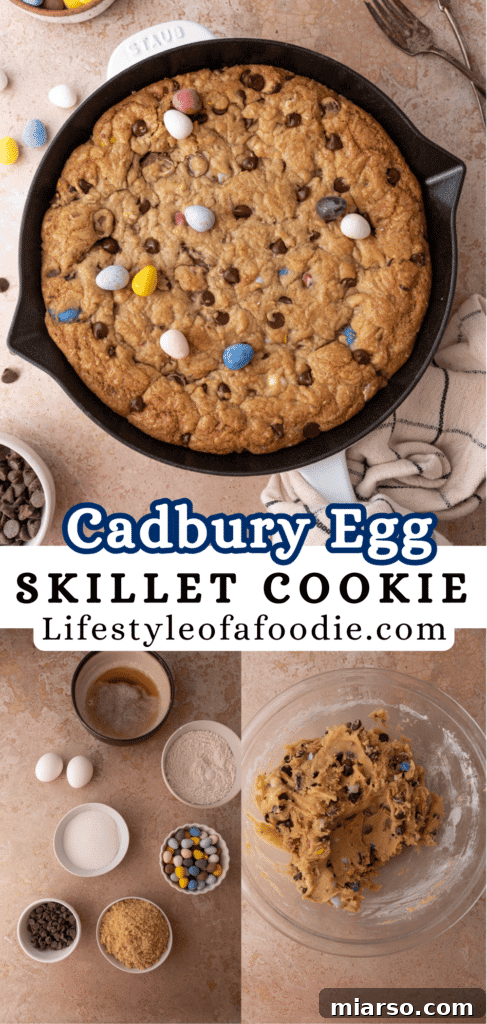 Gooey Giant Cadbury Mini Egg Skillet Cookie 16 A serving suggestion for a Cadbury egg skillet cookie with ice cream, perfect for a cozy dessert.