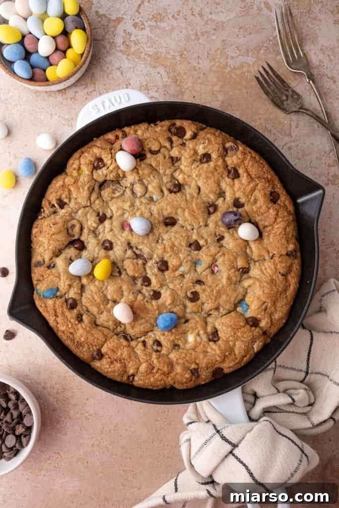 Gooey Giant Cadbury Mini Egg Skillet Cookie 10 A beautiful, fully baked Cadbury Mini Egg Skillet Cookie, golden and irresistible.