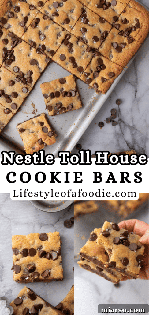 An overhead shot of several Nestle Toll House Cookie Bars arranged on a rustic plate, emphasizing their homemade appeal and the inviting pattern of chocolate chips on their golden surface.