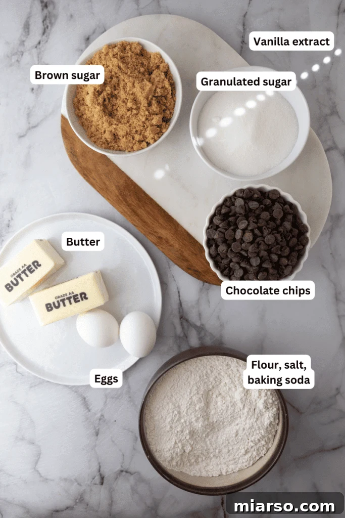 A selection of essential baking ingredients thoughtfully laid out on a kitchen counter: softened butter, both light brown and granulated sugar, fresh eggs, fragrant vanilla extract, all-purpose flour, baking soda, salt, and generous portions of semi-sweet chocolate chips.