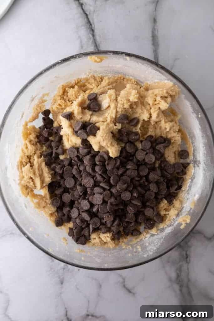 A generous amount of semi-sweet chocolate chips being gently folded into the prepared cookie dough in a large mixing bowl.