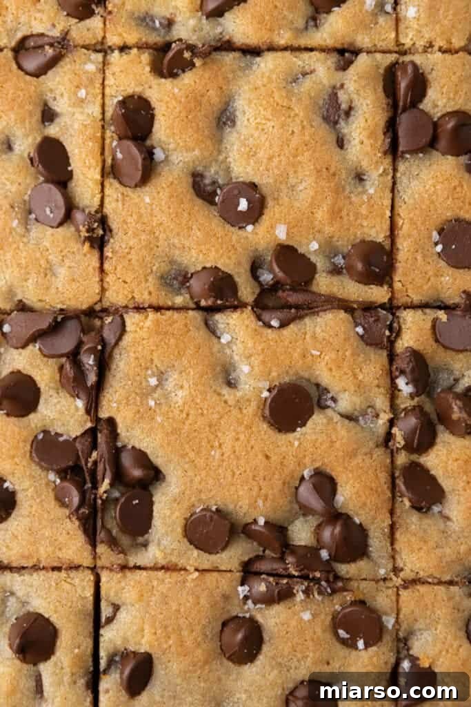 A close-up shot of a single chocolate chip cookie bar, cut into a perfect square, revealing its soft, rich interior, abundance of melted chocolate chips, and tempting golden-brown crust.