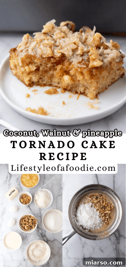 Pinterest pin showing a close-up of the delicious, moist Tornado Cake recipe slice.