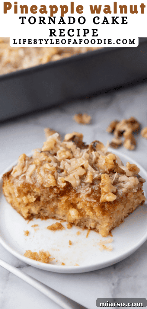 Pinterest pin displaying the whole decadent Tornado Cake recipe, topped with coconut and nuts.