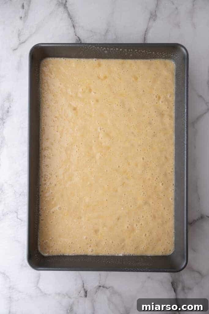Raw Tornado Cake batter evenly spread in a baking pan, prior to baking.
