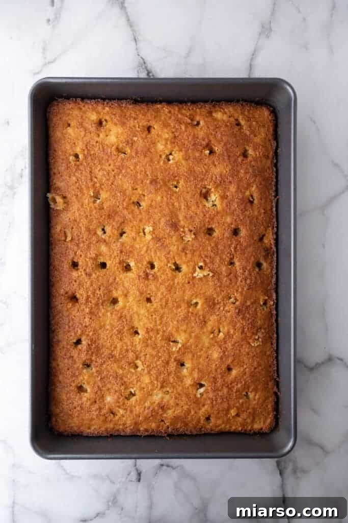 Freshly baked Tornado Cake recipe in a pan, golden brown and ready for icing.