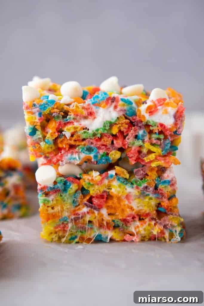 Quick Colorful Fruity Pebble Krispie Treats 2 Stack of Fruity Pebbles Rice Krispies