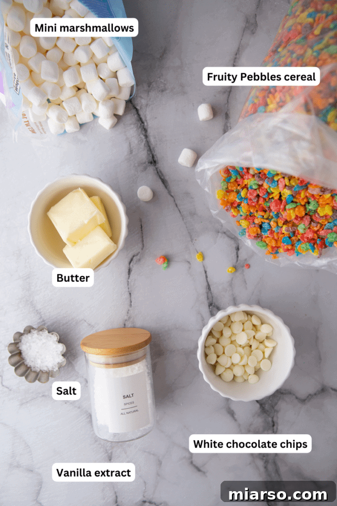Quick Colorful Fruity Pebble Krispie Treats 3 Ingredients on the counter