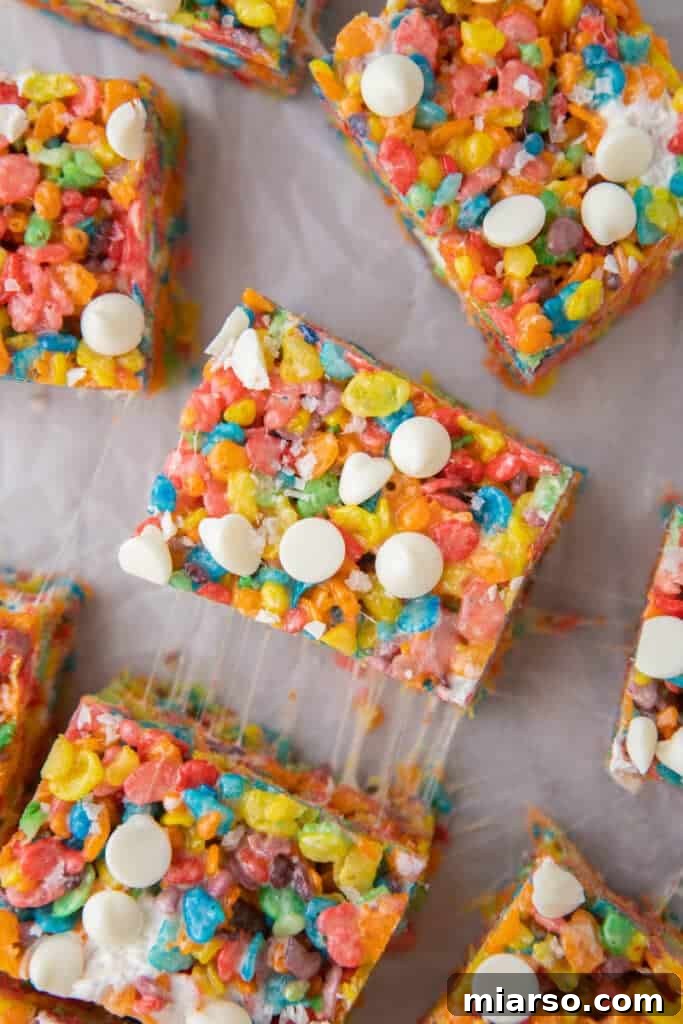 Quick Colorful Fruity Pebble Krispie Treats 8 Overhead shot of Fruity Pebbles Rice krispies