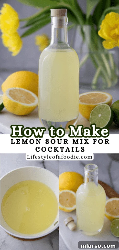 Pinterest pin of how to make homemade lemon sour mix in a vibrant style