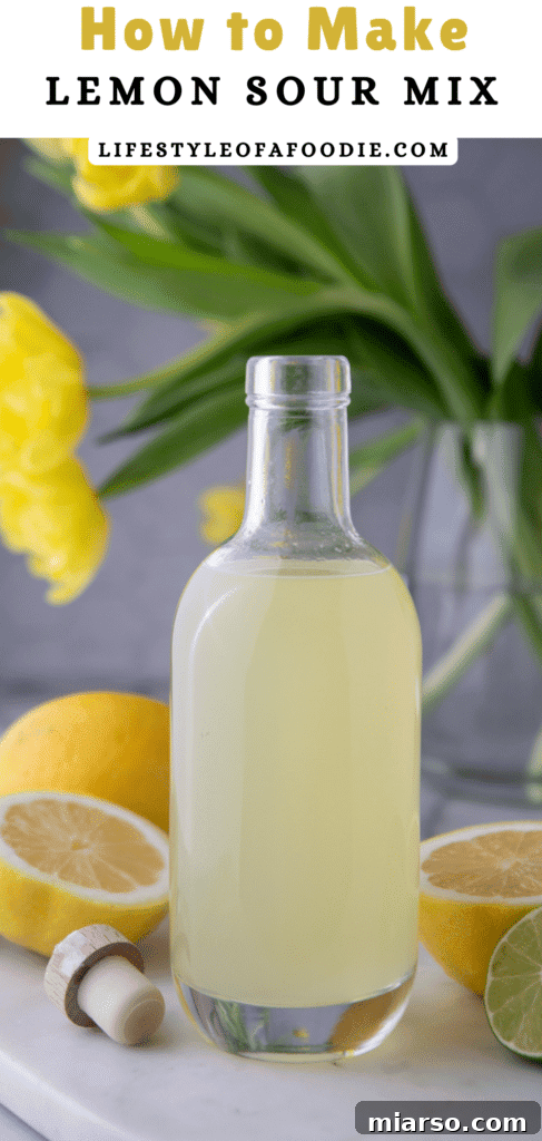 Pinterest pin showing ingredients and a bottle of homemade lemon sour mix