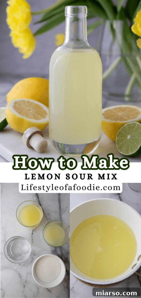 Pinterest pin with a finished cocktail made using homemade lemon sour mix