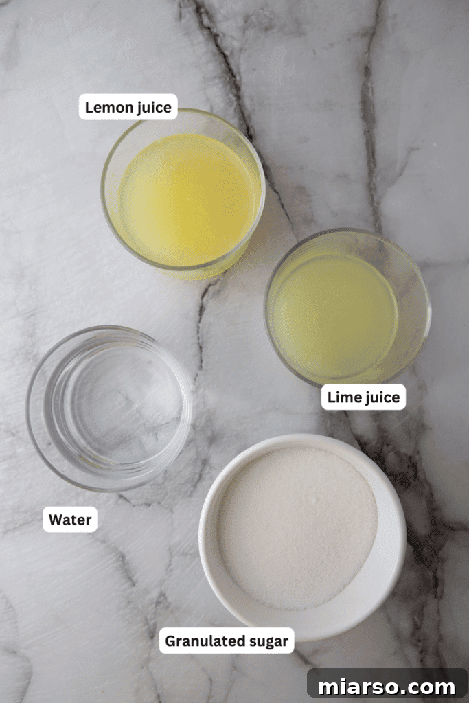 Fresh ingredients for homemade lemon sour mix: lemons, limes, sugar, and water