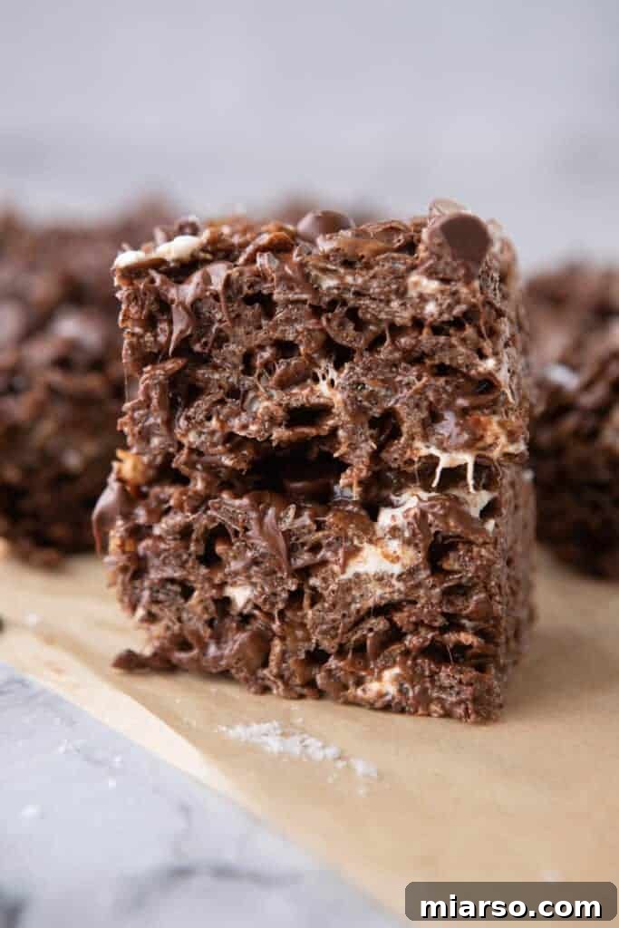 Ultimate Chocolate Rice Krispies Treats 2 side view of the chocolate rice krispies treats