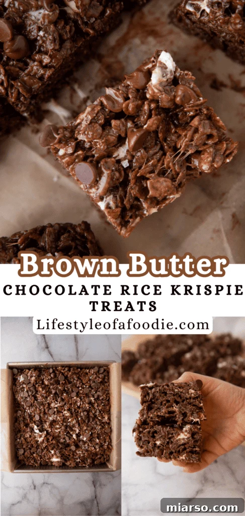 Ultimate Chocolate Rice Krispies Treats 11 pinterest pin of the brown butter chocolate rice krispies treats recipe