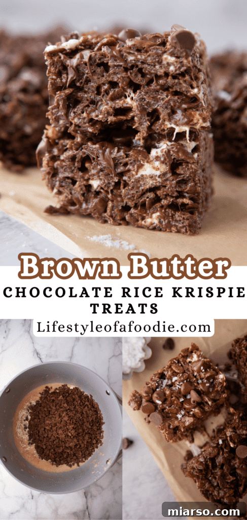 Ultimate Chocolate Rice Krispies Treats 13 pinterest pin of the brown butter chocolate rice krispies treats recipe
