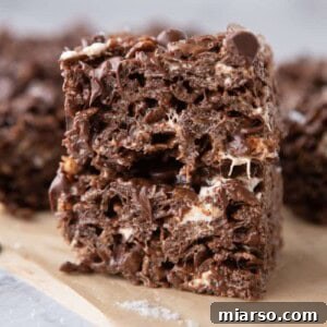 Ultimate Chocolate Rice Krispies Treats 10 side view of the chocolate rice krispies treats