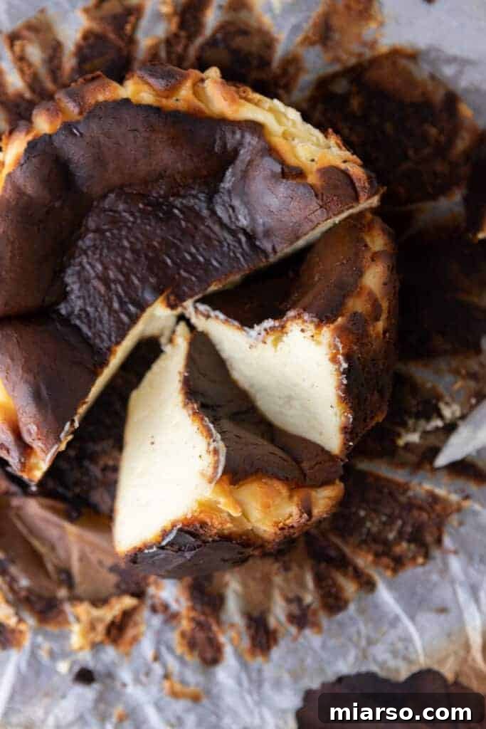 Overhead view of the 6-inch Burnt Basque Cheesecake recipe cut into neat slices