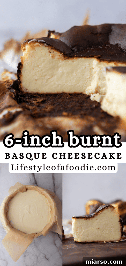 Pinterest pin for the 6-inch burnt Basque cheesecake recipe showing a beautifully sliced cake