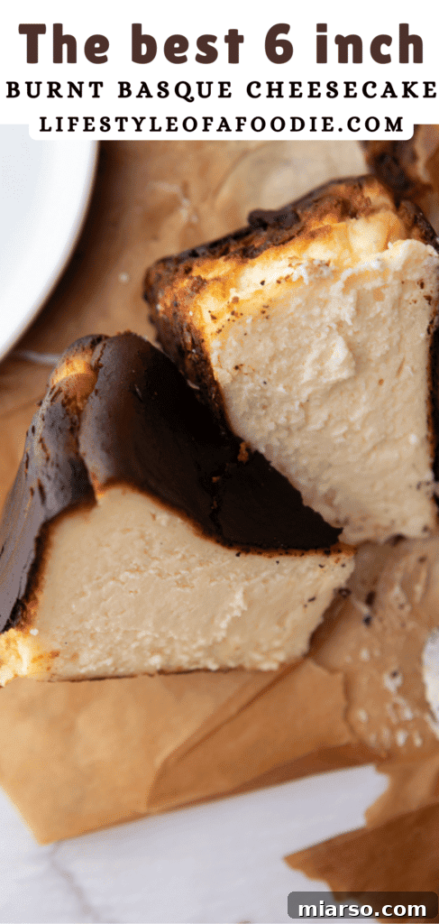 Another Pinterest pin image for the 6-inch burnt Basque cheesecake recipe, highlighting its creamy texture