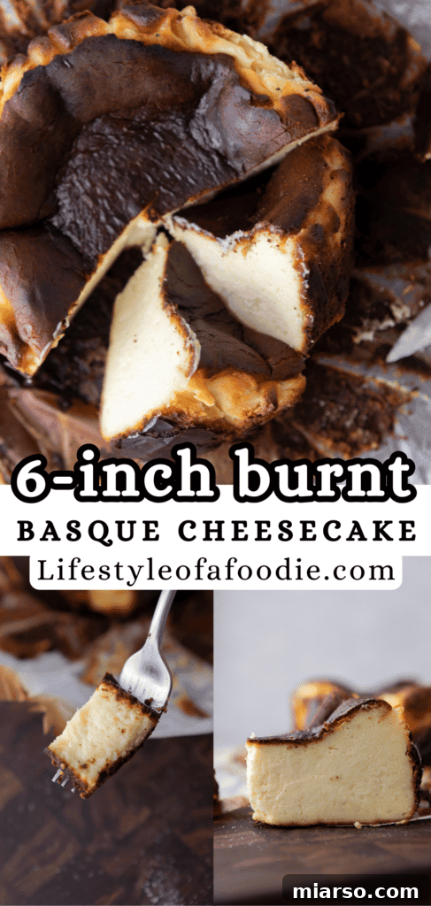 A third Pinterest pin image for the 6-inch burnt Basque cheesecake recipe, showcasing the entire cake